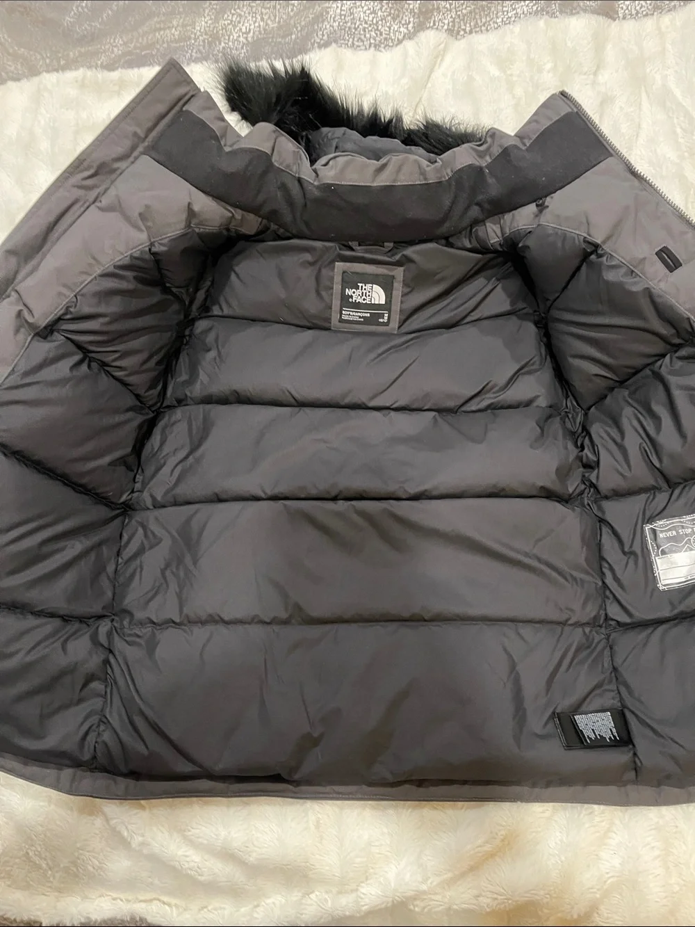 The North Face Kids' Parka Jacket - Charcoal Gray with Faux-Fur Hood